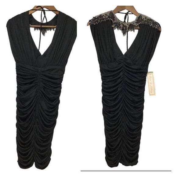 Dave & Johnny Black Dress Vintage 80s Ruched Bodycon Sequin Midi New Size 9/10 - Picture 12 of 16